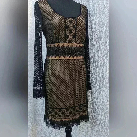 Max Studio Women's Vintage Y2K Nude/Black Illusion Crochet Lace Midi Dress Small - Picture 2 of 4